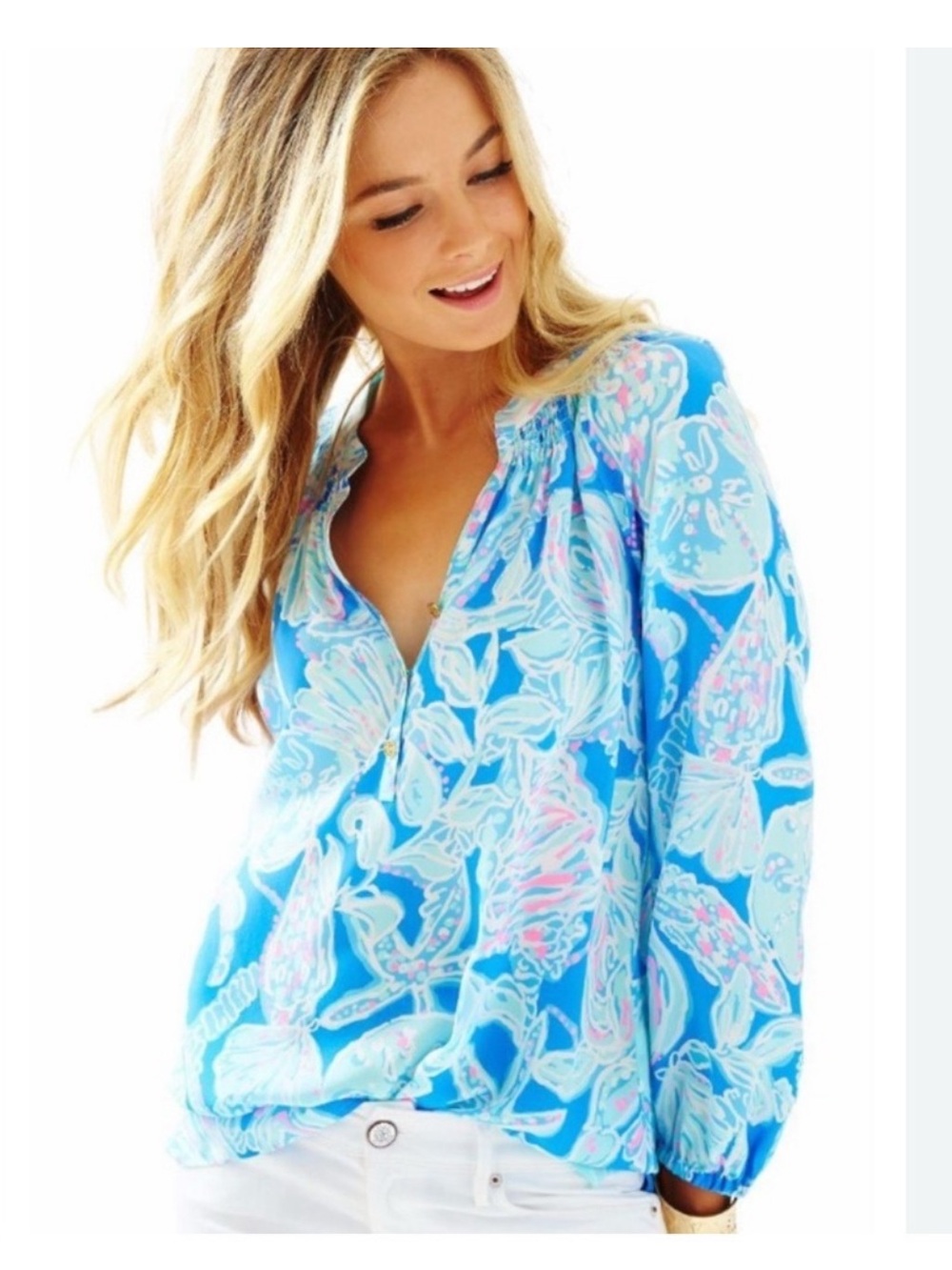 LILLY PULITZER Small Elsa Silk Tropical Botanical Blue Blouse Exc Cond Orig $188